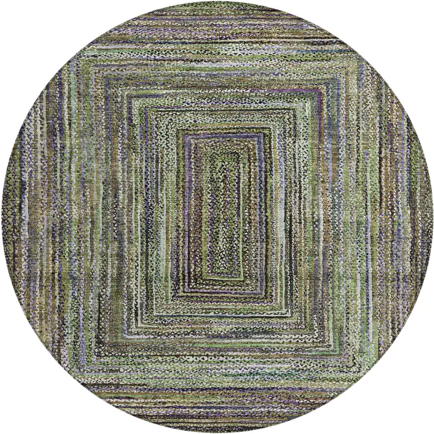 8' Olive Green Lavender And Fern Green Round Geometric Washable Indoor Outdoor Area Rug Photo 1