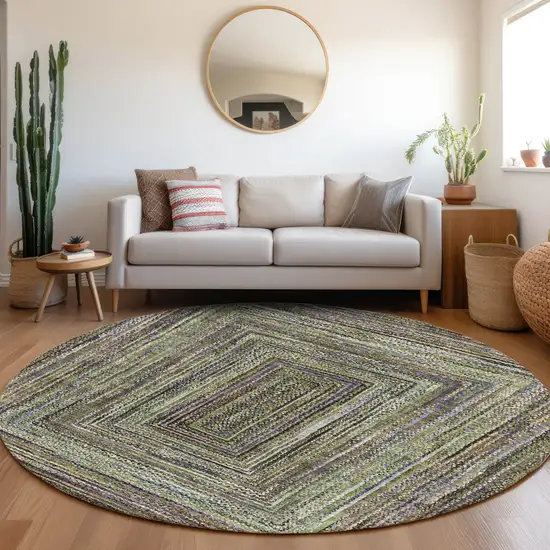 8' Olive Green Lavender And Fern Green Round Geometric Washable Indoor Outdoor Area Rug Photo 6