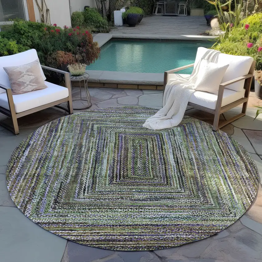 8' Olive Green Lavender And Fern Green Round Geometric Washable Indoor Outdoor Area Rug Photo 5