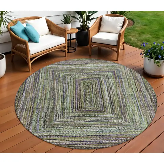 8' Olive Green Lavender And Fern Green Round Geometric Washable Indoor Outdoor Area Rug Photo 2