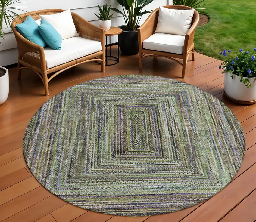 8' Olive Green Lavender And Fern Green Round Geometric Washable Indoor Outdoor Area Rug Photo 2