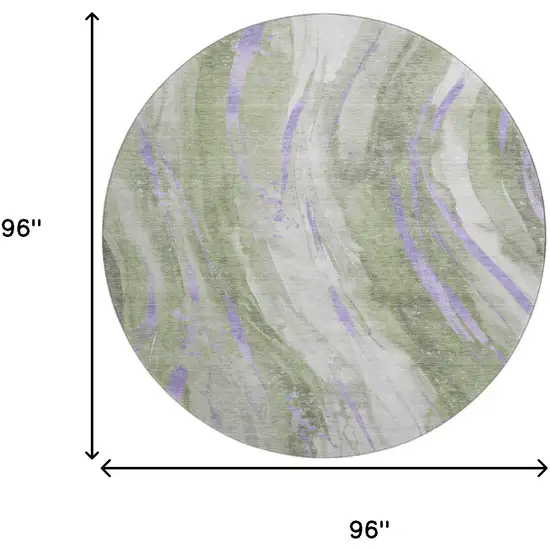 8' Olive Green Lavender And Ivory Abstract Washable Round Rug With UV Protection Photo 9