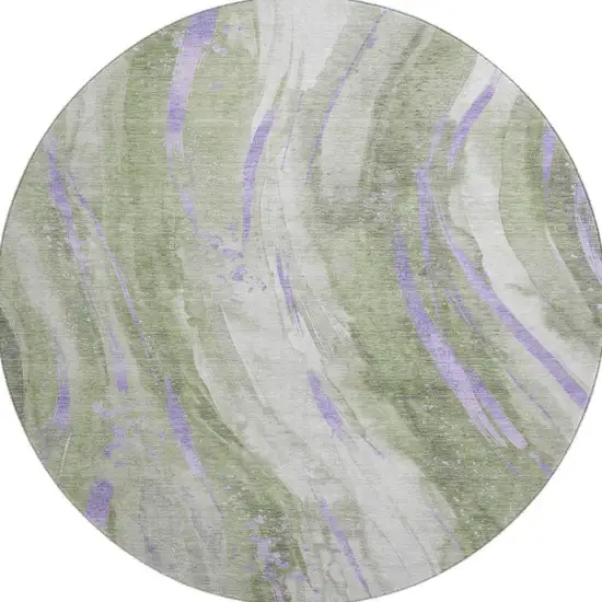8' Olive Green Lavender And Ivory Abstract Washable Round Rug With UV Protection Photo 2