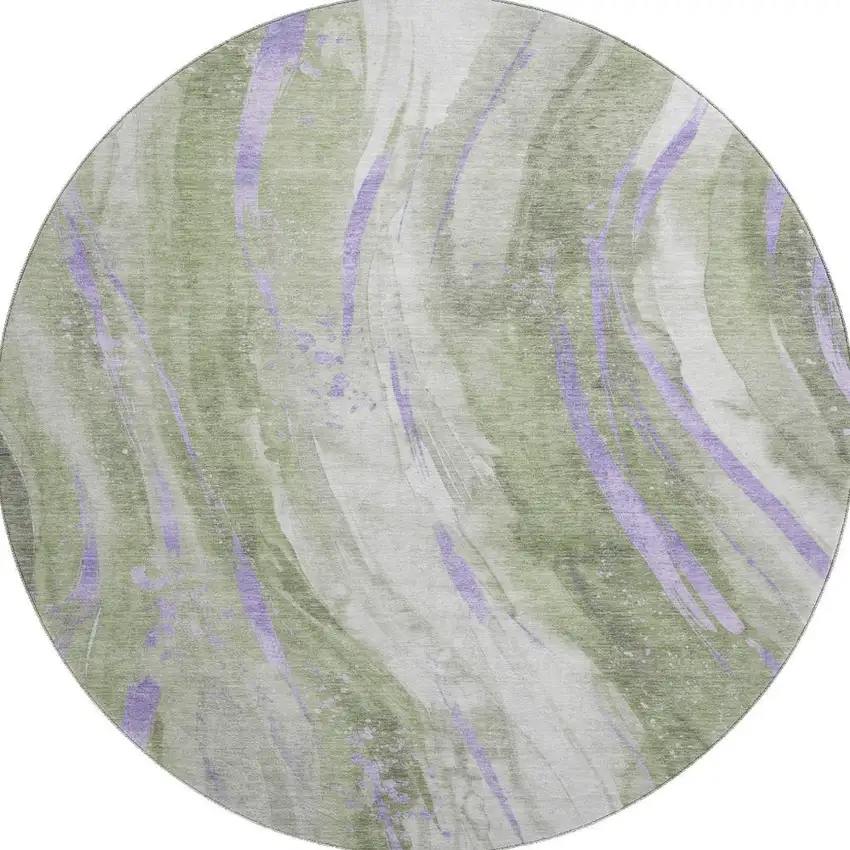 8' Olive Green Lavender And Ivory Abstract Washable Round Rug With UV Protection Photo 2