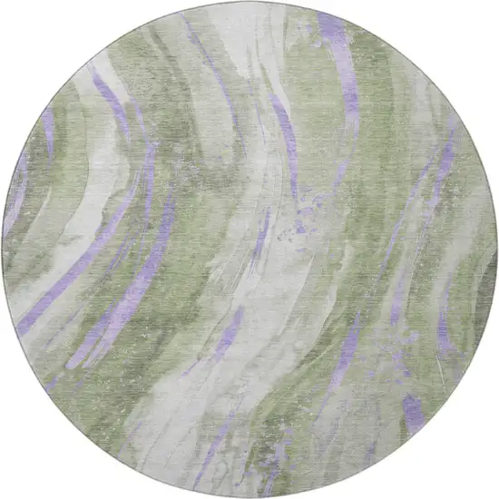 8' Olive Green Lavender And Ivory Abstract Washable Round Rug With UV Protection Photo 3