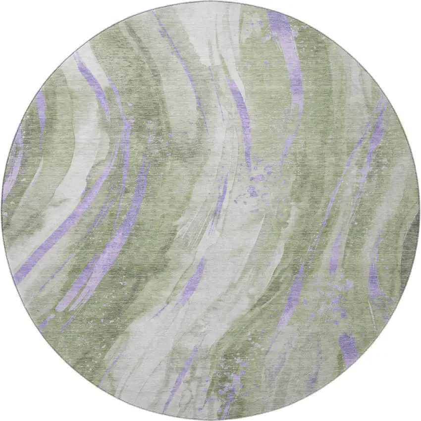 8' Olive Green Lavender And Ivory Abstract Washable Round Rug With UV Protection Photo 3