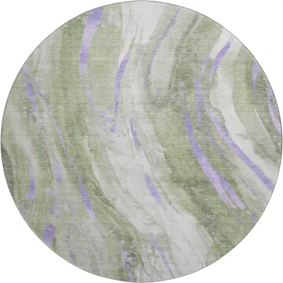 8' Olive Green Lavender And Ivory Abstract Washable Round Rug With UV Protection Photo 1
