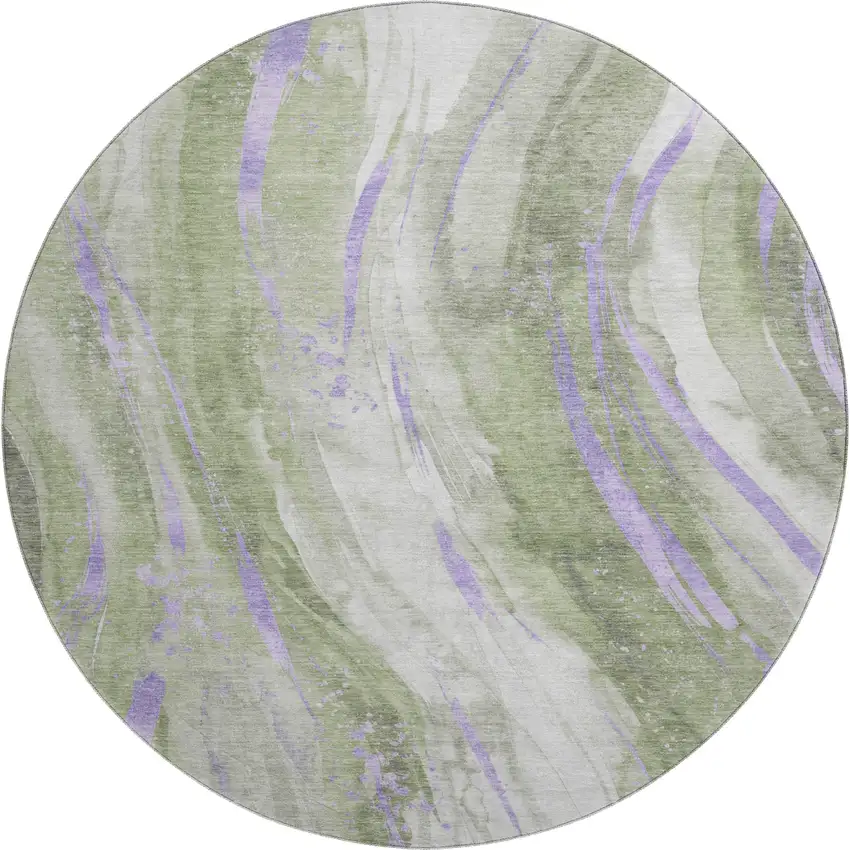 8' Olive Green Lavender And Ivory Abstract Washable Round Rug With UV Protection Photo 1