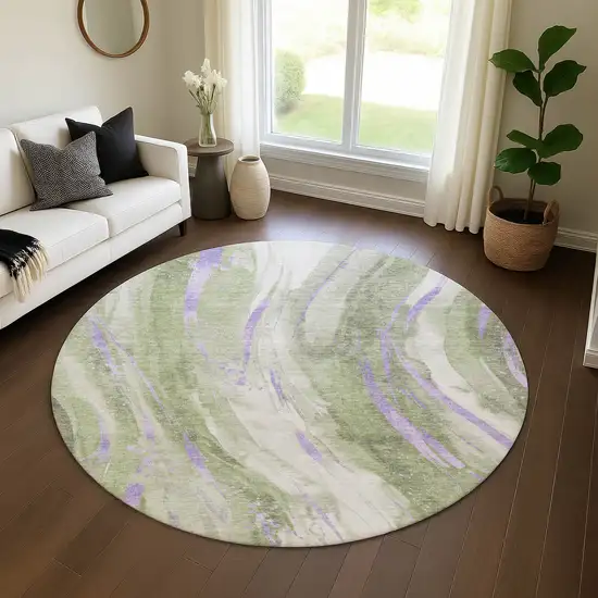 8' Olive Green Lavender And Ivory Abstract Washable Round Rug With UV Protection Photo 4