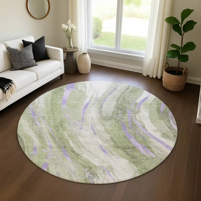 8' Olive Green Lavender And Ivory Abstract Washable Round Rug With UV Protection Photo 4
