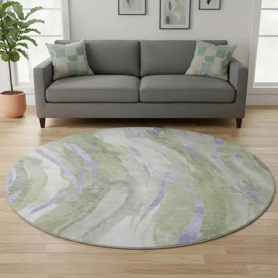 8' Olive Green Lavender And Ivory Abstract Washable Round Rug With UV Protection Photo 2