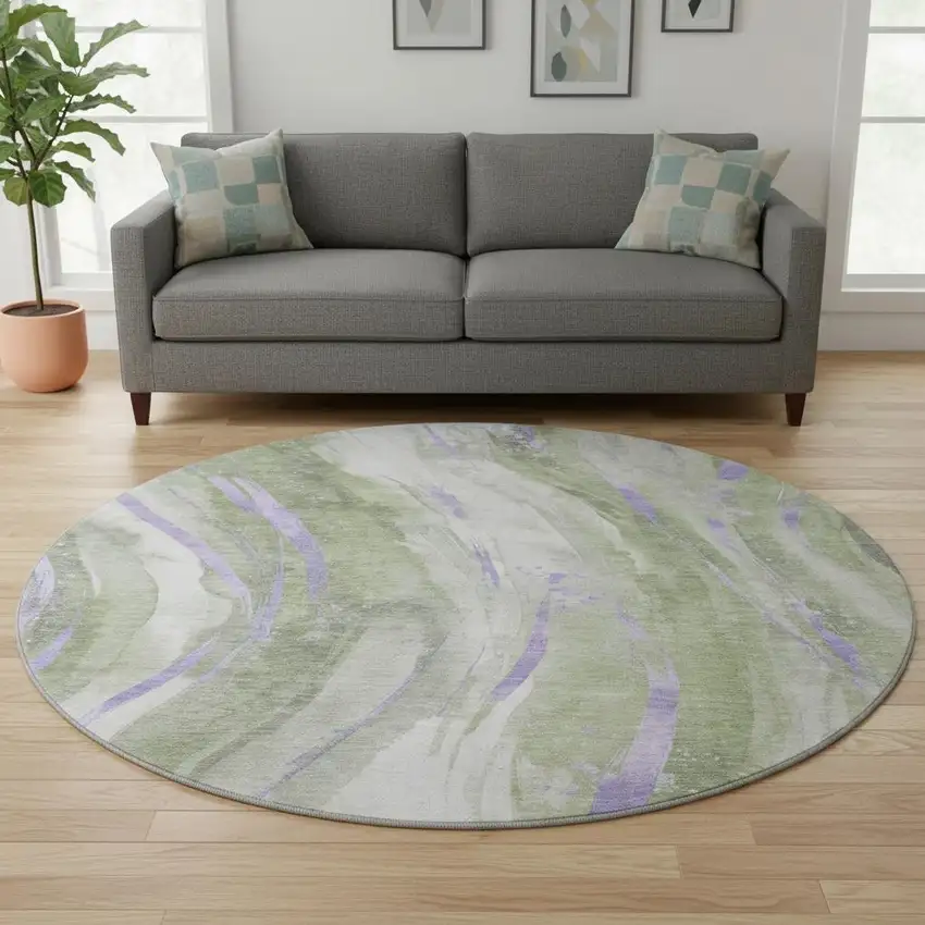 8' Olive Green Lavender And Ivory Abstract Washable Round Rug With UV Protection Photo 2
