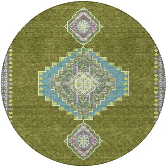 8' Olive Green Pink And Ivory Round Oriental Washable Indoor Outdoor Area Rug Photo 6