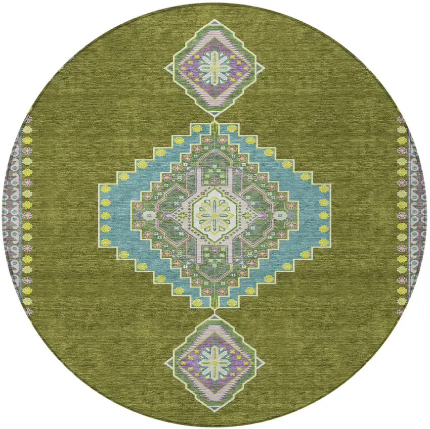 8' Olive Green Pink And Ivory Round Oriental Washable Indoor Outdoor Area Rug Photo 6