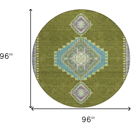 8' Olive Green Pink And Ivory Round Oriental Washable Indoor Outdoor Area Rug Photo 3