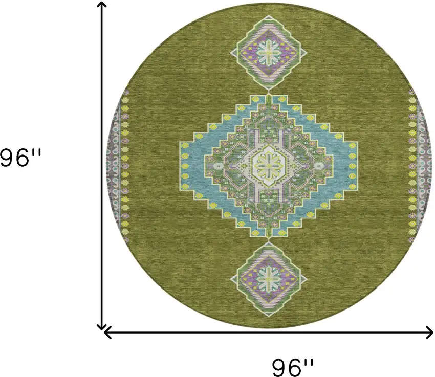 8' Olive Green Pink And Ivory Round Oriental Washable Indoor Outdoor Area Rug Photo 3