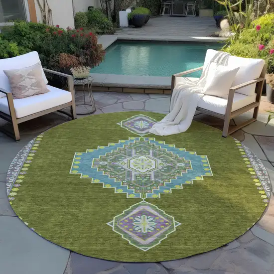 8' Olive Green Pink And Ivory Round Oriental Washable Indoor Outdoor Area Rug Photo 7