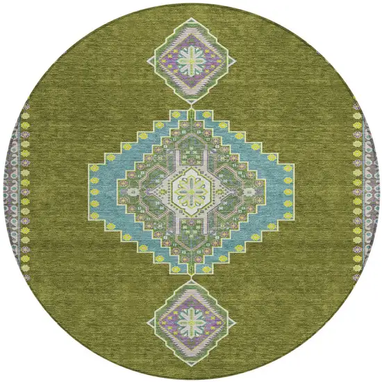 8' Olive Green Pink And Ivory Round Oriental Washable Indoor Outdoor Area Rug Photo 5