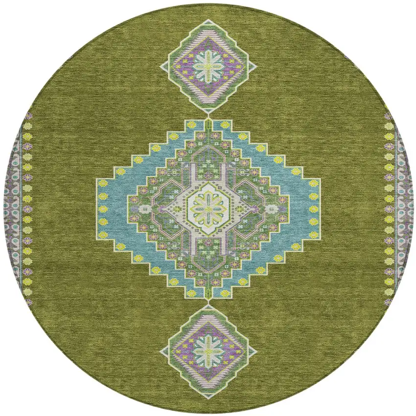 8' Olive Green Pink And Ivory Round Oriental Washable Indoor Outdoor Area Rug Photo 5