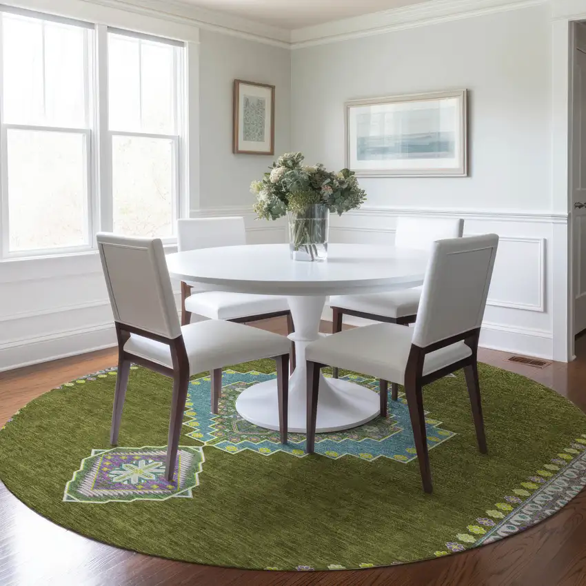 8' Olive Green Pink And Ivory Round Oriental Washable Indoor Outdoor Area Rug Photo 8