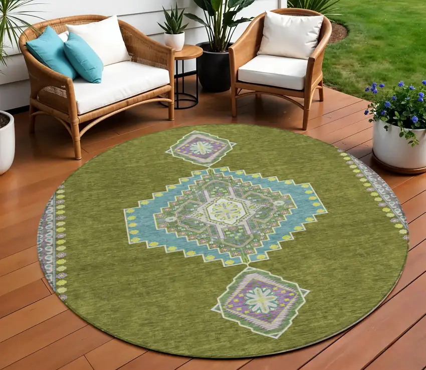8' Olive Green Pink And Ivory Round Oriental Washable Indoor Outdoor Area Rug Photo 1