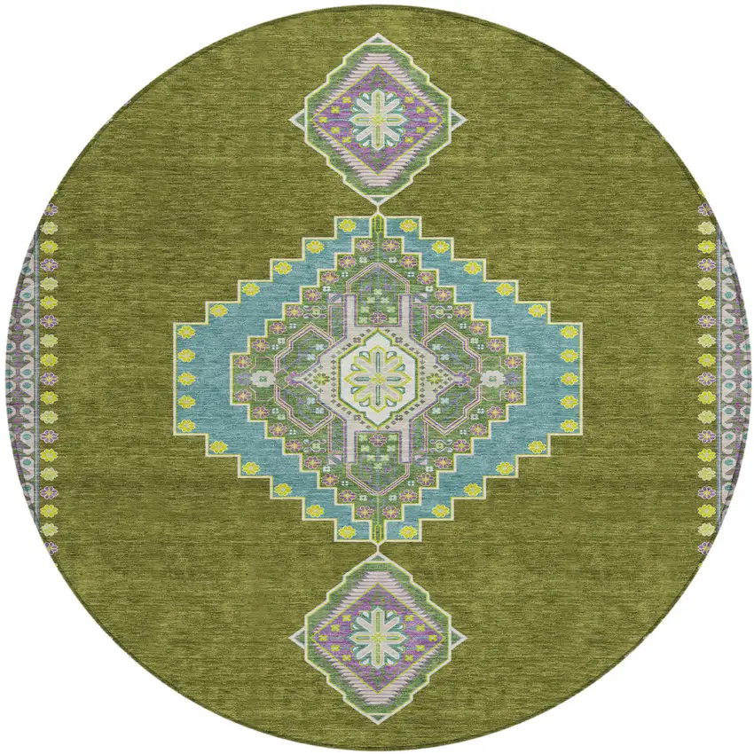 8' Olive Green Pink And Ivory Round Oriental Washable Indoor Outdoor Area Rug Photo 2