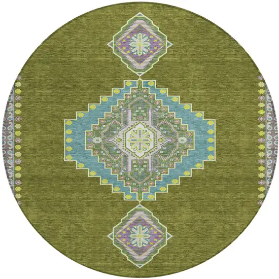 8' Olive Green Pink And Ivory Round Oriental Washable Indoor Outdoor Area Rug Photo 2