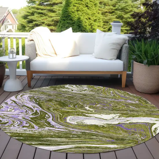 8' Olive Green Purple And Beige Round Abstract Washable Indoor Outdoor Area Rug Photo 8