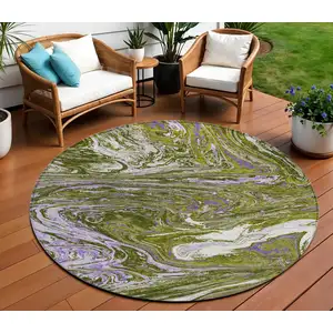 Photo of 8' Olive Green Purple And Beige Round Abstract Washable Indoor Outdoor Area Rug