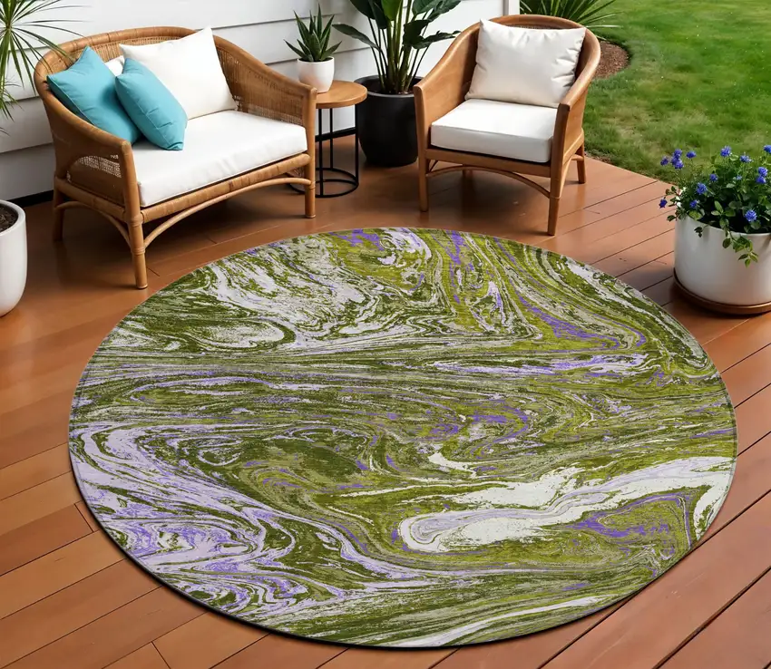 8' Olive Green Purple And Beige Round Abstract Washable Indoor Outdoor Area Rug Photo 1