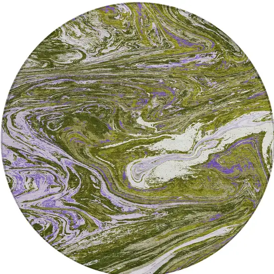 8' Olive Green Purple And Beige Round Abstract Washable Indoor Outdoor Area Rug Photo 7