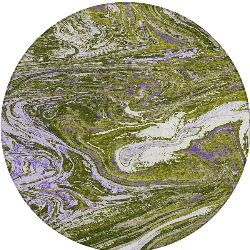 8' Olive Green Purple And Beige Round Abstract Washable Indoor Outdoor Area Rug Photo 7