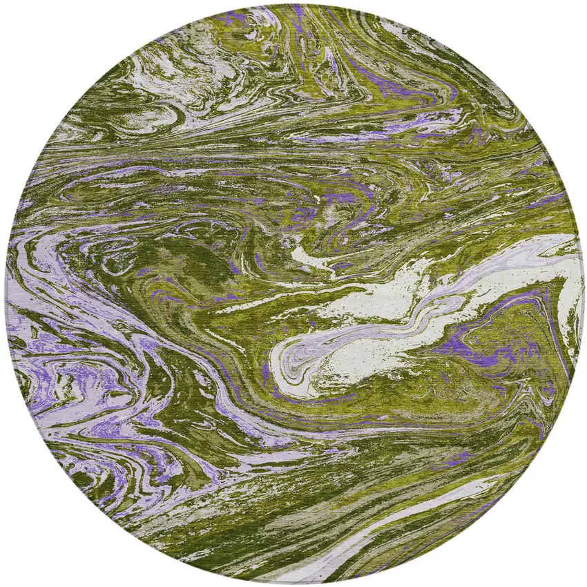 8' Olive Green Purple And Beige Round Abstract Washable Indoor Outdoor Area Rug Photo 2