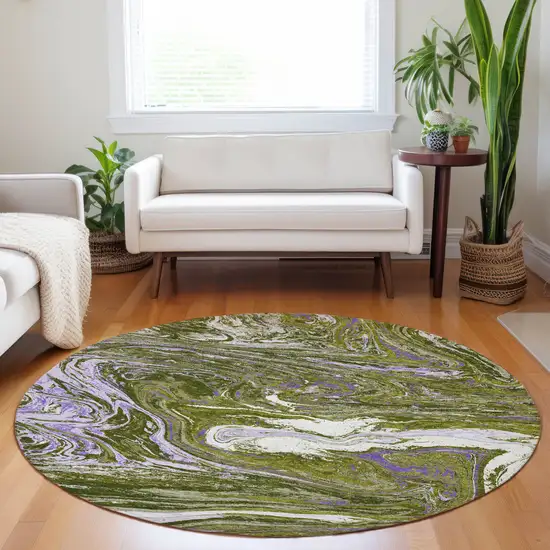 8' Olive Green Purple And Beige Round Abstract Washable Indoor Outdoor Area Rug Photo 9
