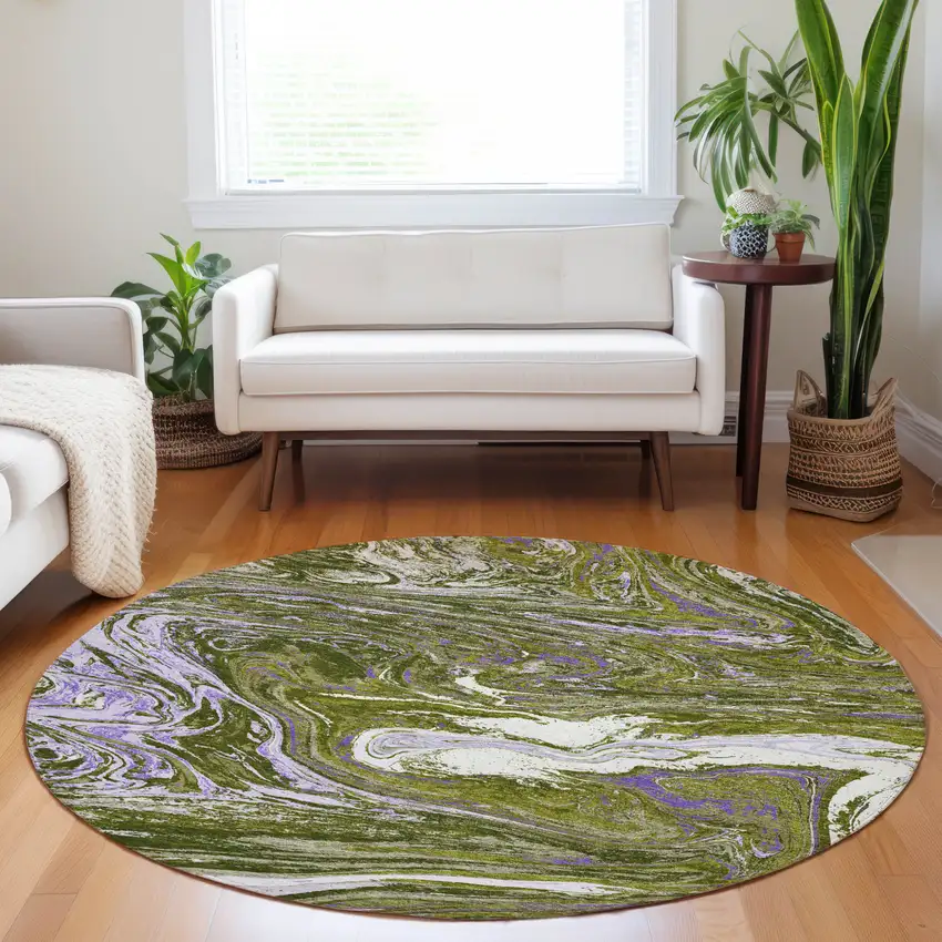 8' Olive Green Purple And Beige Round Abstract Washable Indoor Outdoor Area Rug Photo 9