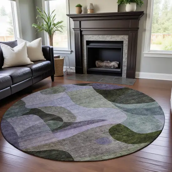 8' Olive Green Purple And Brown Abstract Geometric Washable Round Rug With UV Protection Photo 4