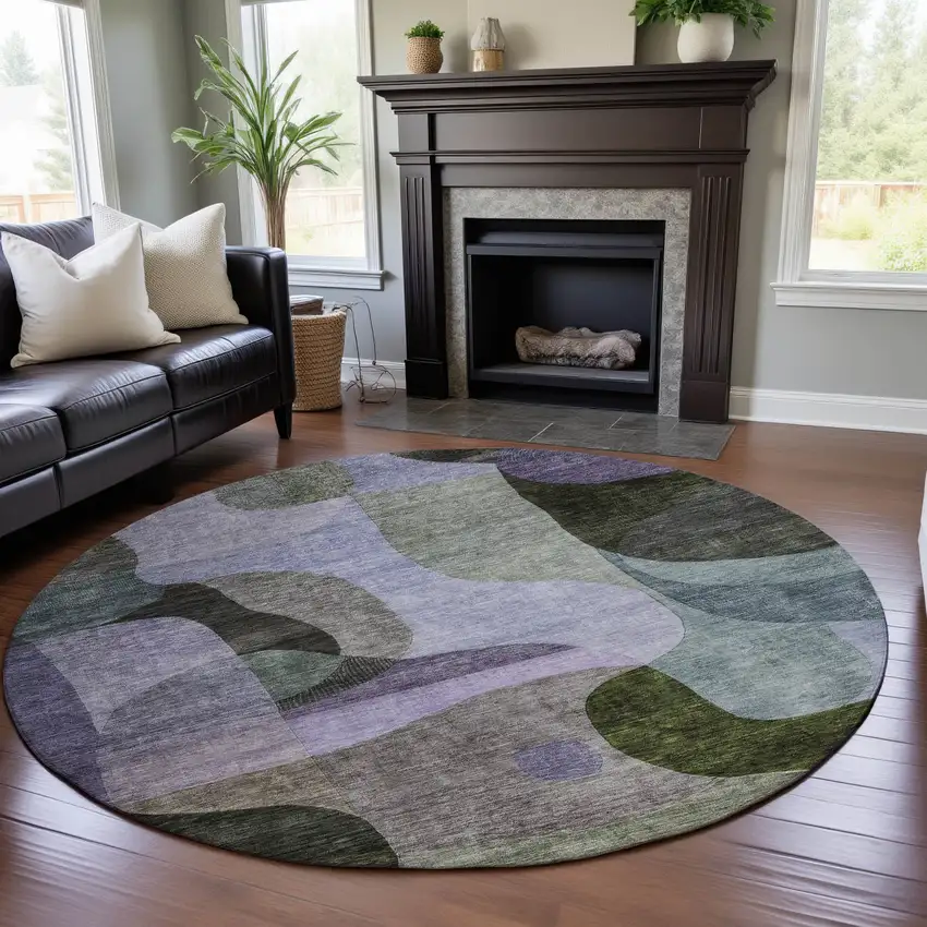 8' Olive Green Purple And Brown Abstract Geometric Washable Round Rug With UV Protection Photo 4