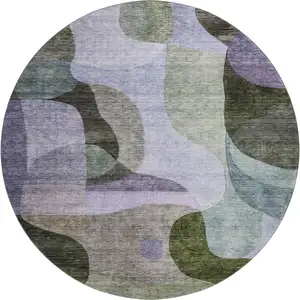 Photo of 8' Olive Green Purple And Brown Abstract Geometric Washable Round Rug With UV Protection