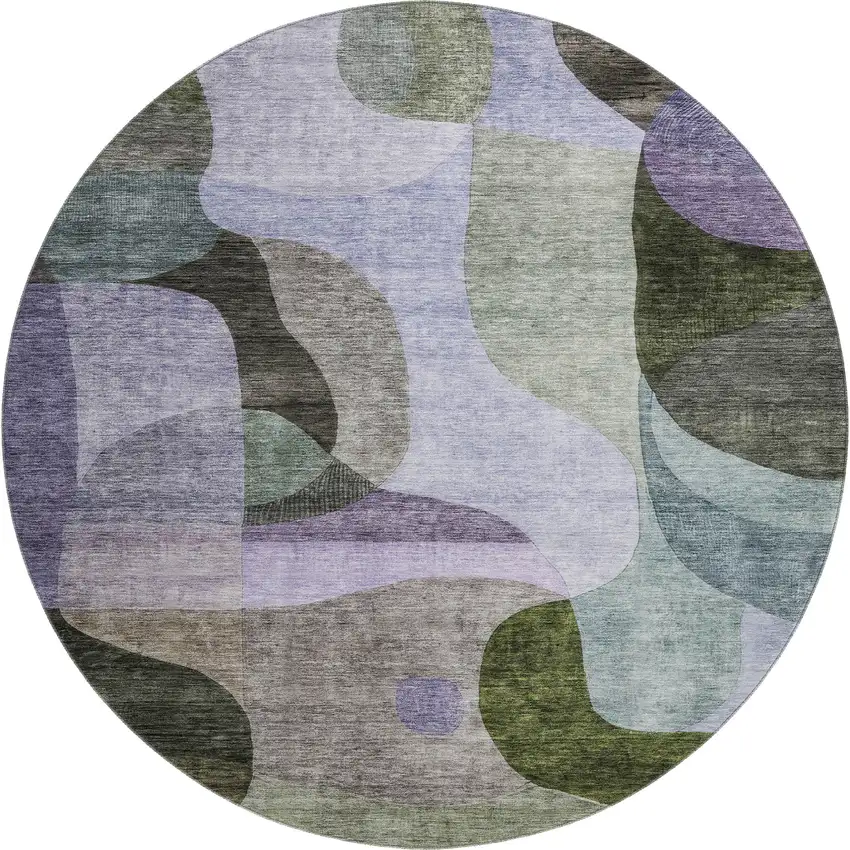 8' Olive Green Purple And Brown Abstract Geometric Washable Round Rug With UV Protection Photo 1