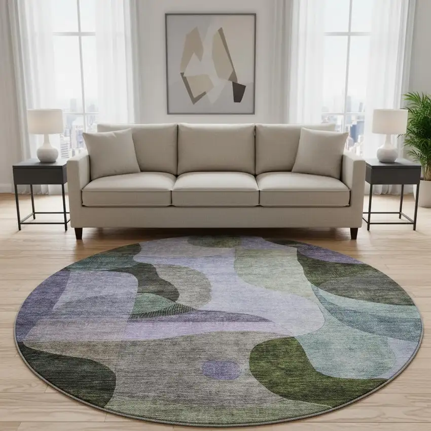 8' Olive Green Purple And Brown Abstract Geometric Washable Round Rug With UV Protection Photo 2