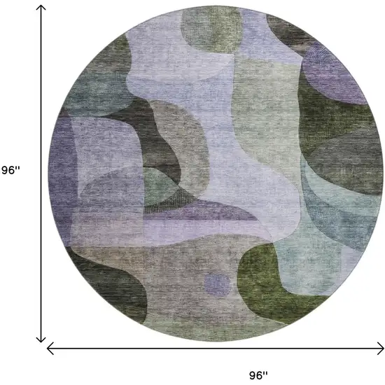 8' Olive Green Purple And Brown Abstract Geometric Washable Round Rug With UV Protection Photo 9