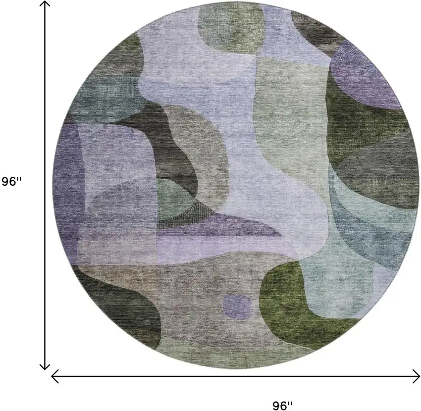 8' Olive Green Purple And Brown Abstract Geometric Washable Round Rug With UV Protection Photo 9