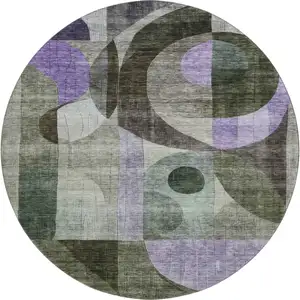 Photo of 8' Olive Green Purple And Brown Geometric Washable Round Rug With UV Protection