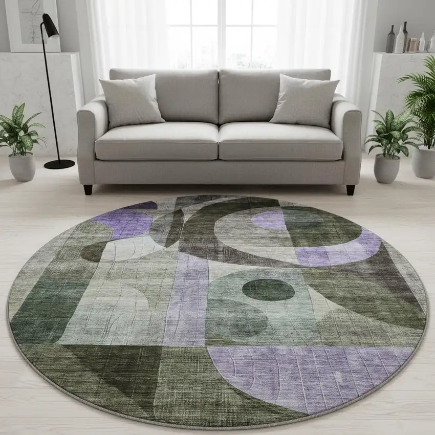 8' Olive Green Purple And Brown Geometric Washable Round Rug With UV Protection Photo 2