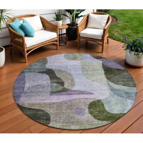 8' Olive Green Purple And Charcoal Round Abstract Washable Indoor Outdoor Area Rug Photo 1