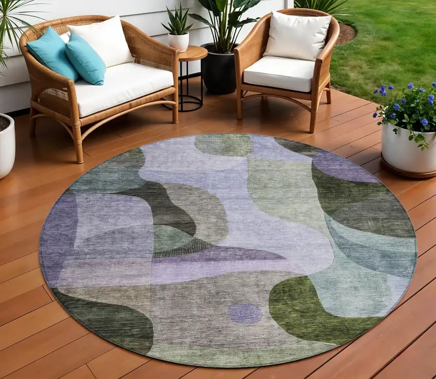 8' Olive Green Purple And Charcoal Round Abstract Washable Indoor Outdoor Area Rug Photo 1