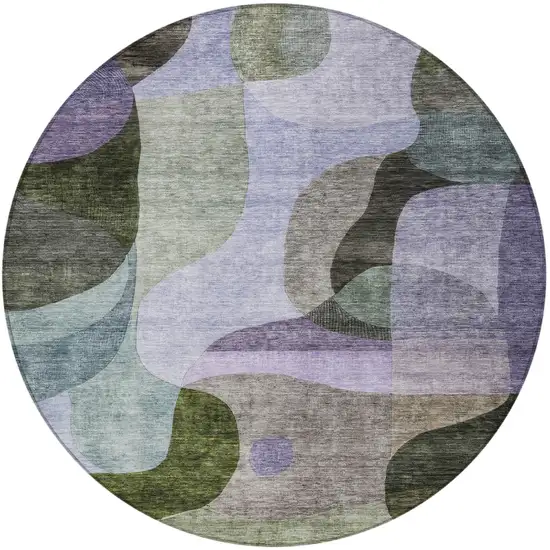 8' Olive Green Purple And Charcoal Round Abstract Washable Indoor Outdoor Area Rug Photo 5