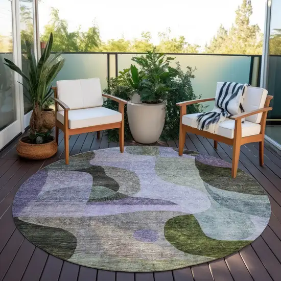 8' Olive Green Purple And Charcoal Round Abstract Washable Indoor Outdoor Area Rug Photo 6
