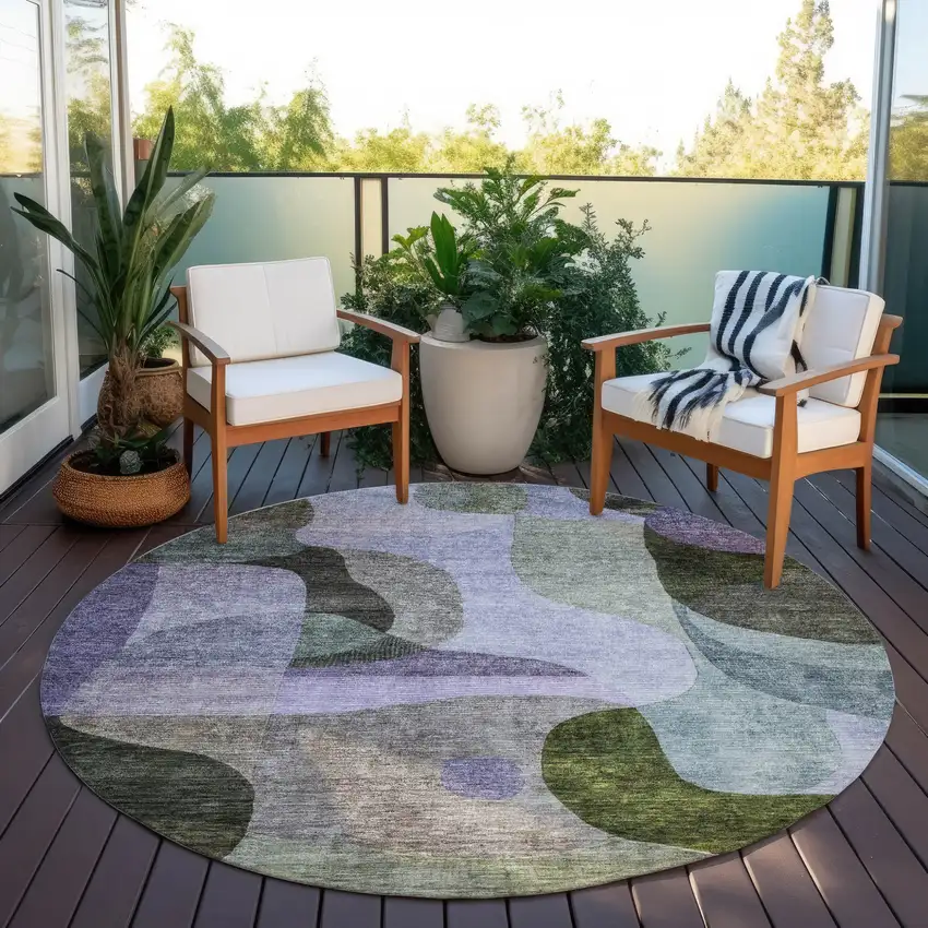 8' Olive Green Purple And Charcoal Round Abstract Washable Indoor Outdoor Area Rug Photo 6