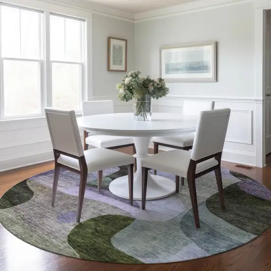 8' Olive Green Purple And Charcoal Round Abstract Washable Indoor Outdoor Area Rug Photo 7